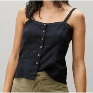 Everlane Size 14 Black 100% Linen Button Cropped Cami Top - New